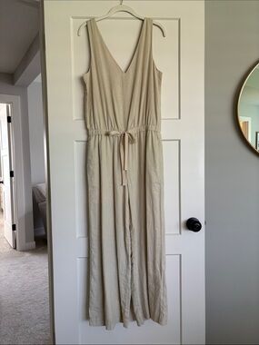 Splendid Neutral Cream V-Neck Maxi Jumpsuit with Waist Tie